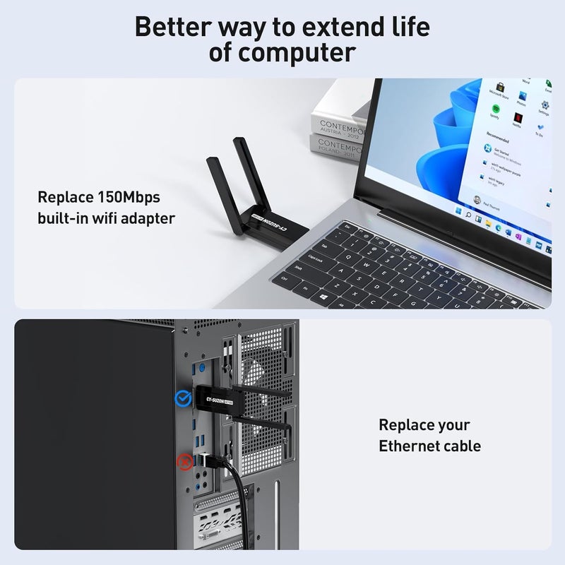 CY-SUZON AC1300 USB 3.0 WiFi Adapter for PC, Wireless Network Adapter for Desktop with 2.4GHz,2×High Gain Antenna,Windows11/10/8/7/XP - Image 3